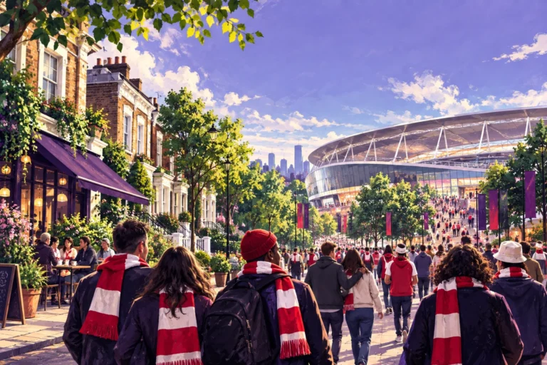 AI-generated illustration of a Arsenal football trip with supporters and city scenery.
