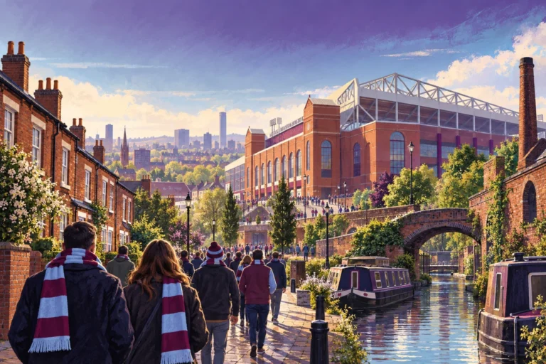 AI-generated illustration of a Aston Villa football trip with supporters and city scenery.