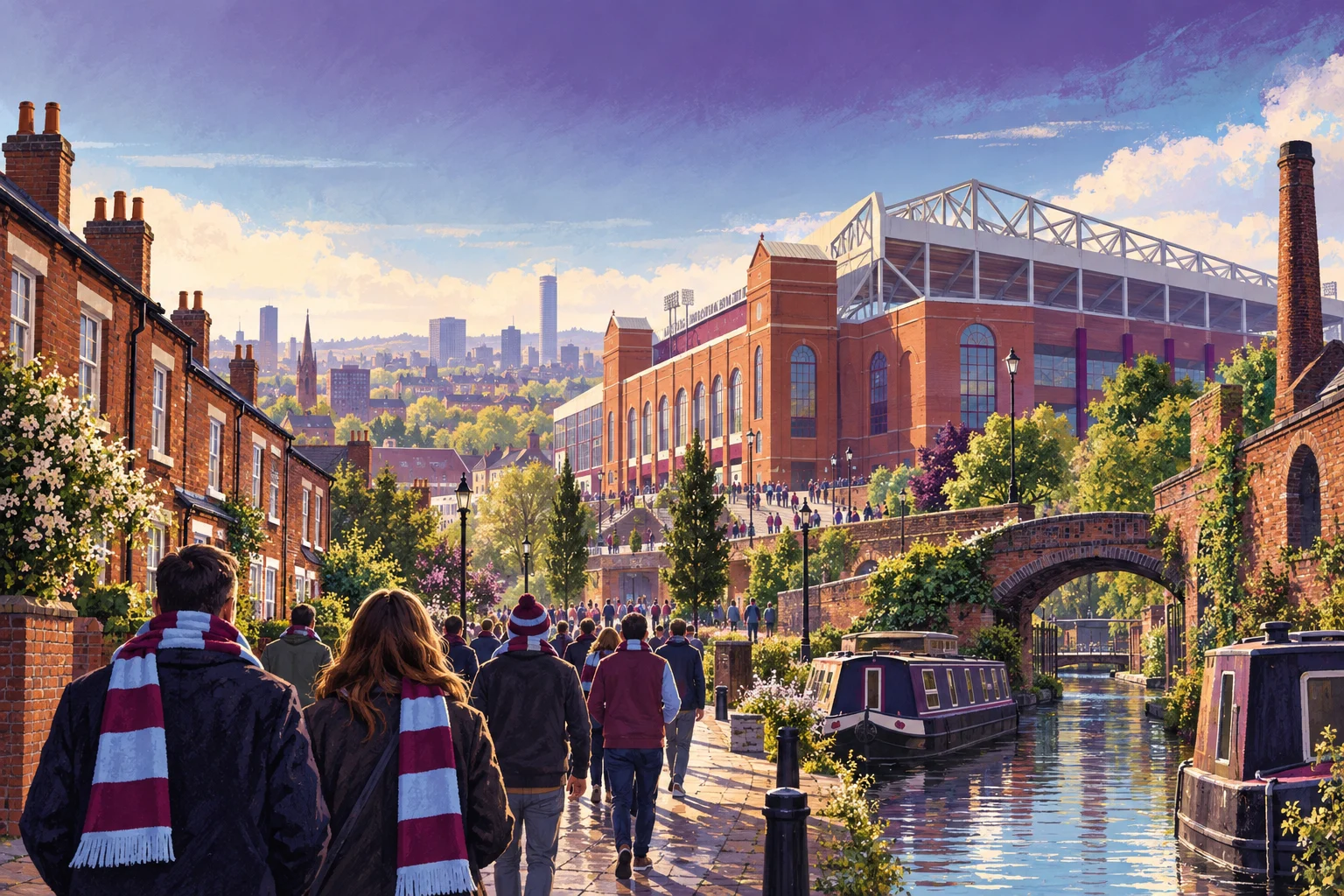 AI-generated illustration of a Aston Villa football trip with supporters and city scenery.