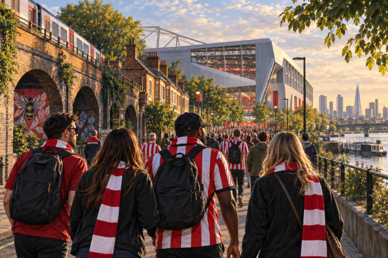 AI-generated illustration of a Brentford football trip with supporters walking toward the stadium in west London.