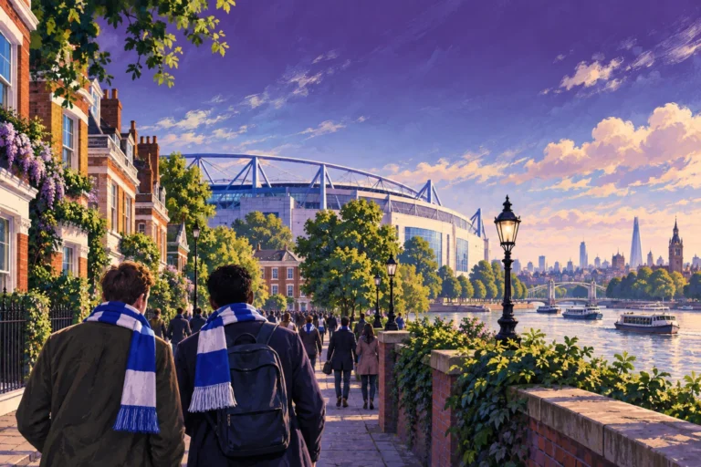 AI-generated illustration of a Chelsea football trip with supporters and city scenery.