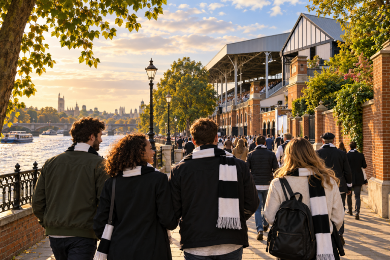 AI-generated illustration of a Fulham football trip with supporters walking beside the Thames toward Craven Cottage.