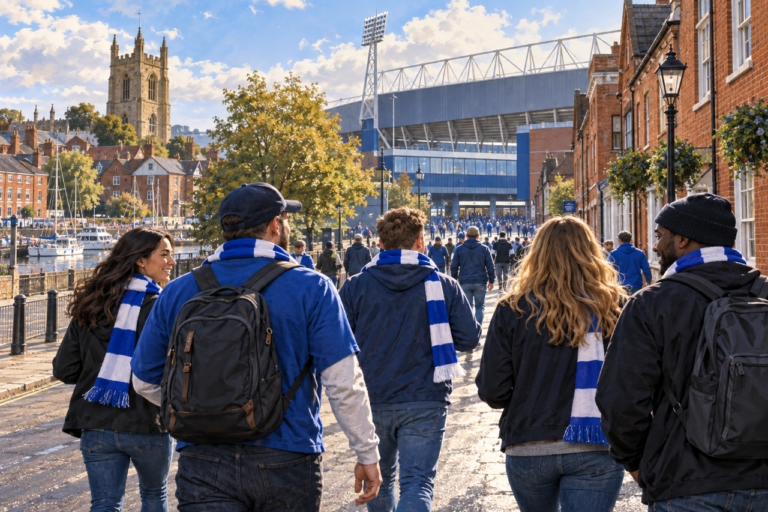 AI-generated illustration of an Ipswich football trip with supporters walking toward Portman Road.