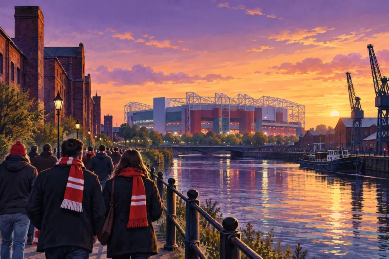 AI-generated illustration of a Manchester United football trip with supporters and city scenery.