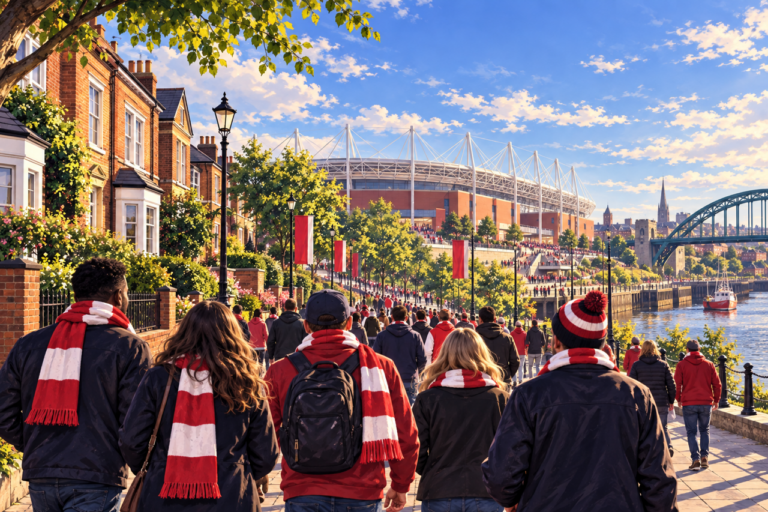 AI-generated illustration of a Sunderland football trip with supporters walking toward the Stadium of Light.