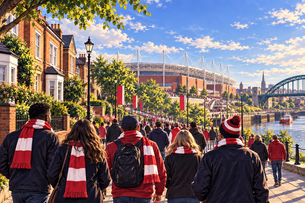 AI-generated illustration of a Sunderland football trip with supporters walking toward the Stadium of Light.
